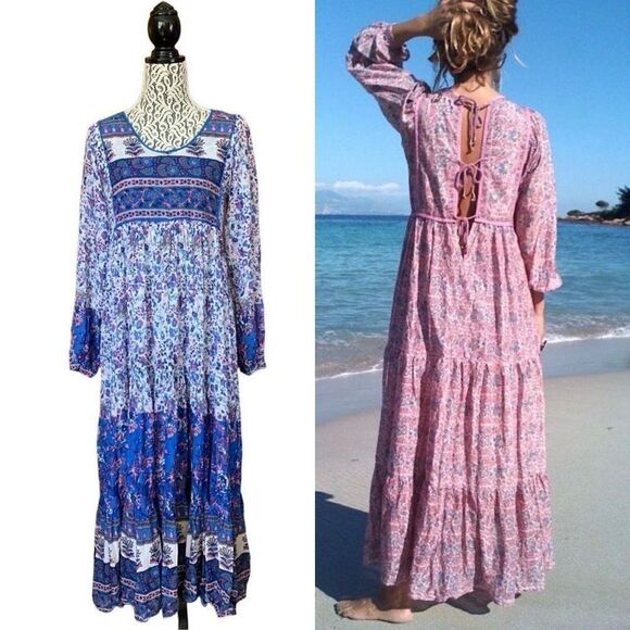 GOA Boho Long Sleeve Cotton Tiered Maxi Dress Blue Size M - Picture 1 of 12